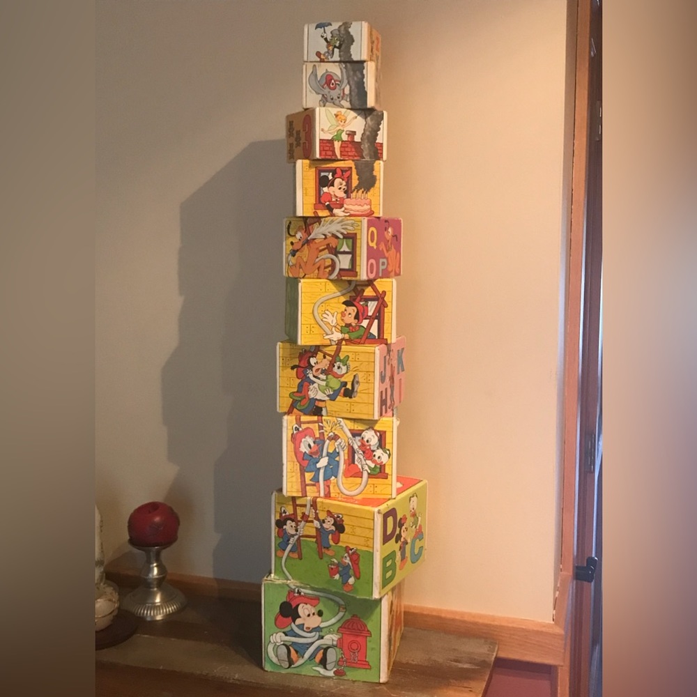Antique Disney nesting stacking blocks boxes Mickey Minnie Mouse Goofy ABC”s